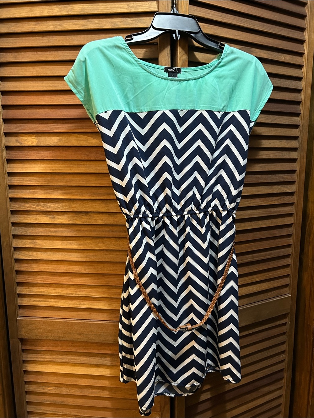 Rue21 Mint and Navy Chevron Elastic Waist Dress with accessory belt